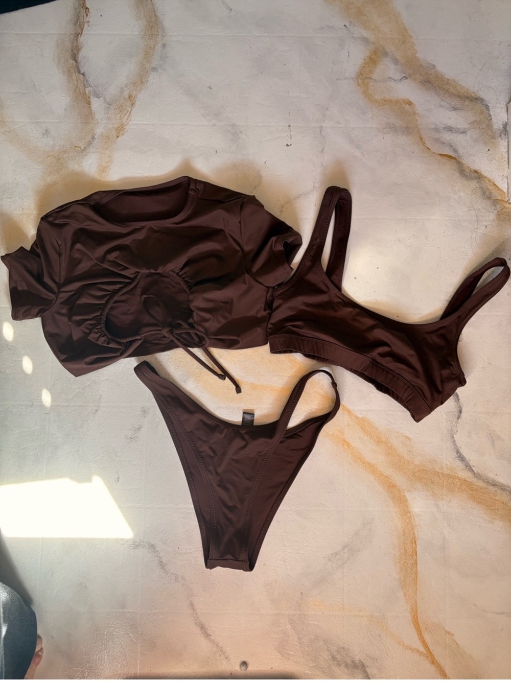 SKIMS Brown Three-Piece Bikini Set